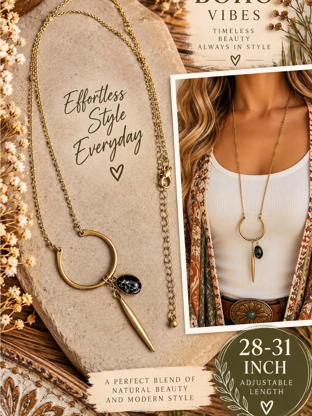 748 Gold Circle Pendant Necklace with Black Stone Charm - Women Jewelry